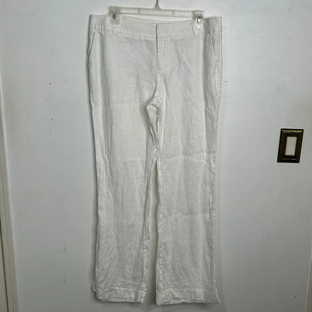 Banana Republic White Linen Wide Leg Herringbone Trousers Pants Womens Size 10
